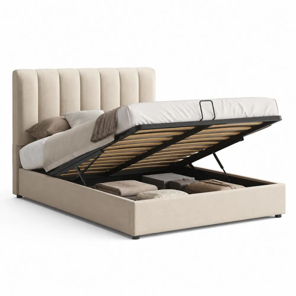 Stauraumbett 160 x 200 cm mit Bettkasten und Polyesterbezug in Beige