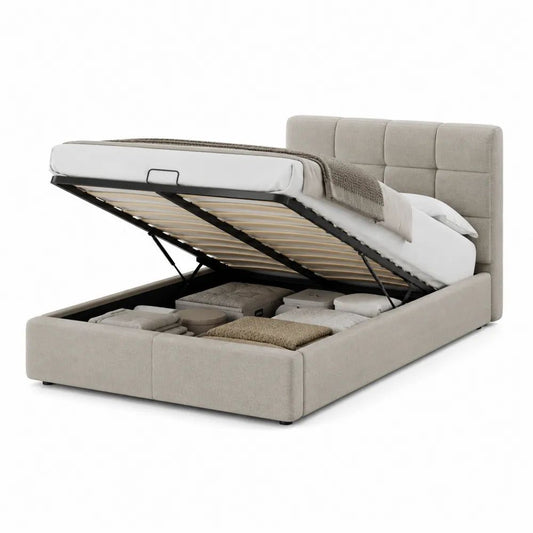 Stauraumbett 160 x 200 cm Polsterbett Stoffbezug Beige mit Bettkasten und gepolstertem Kopfteil