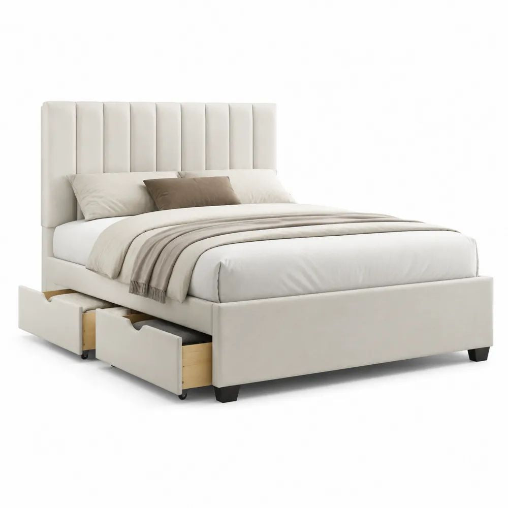 Stauraumbett 160 x 200 cm Polsterbett in Weiß mit gepolstertem Kopfteil und zwei Schubladen