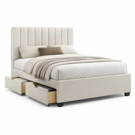 Stauraumbett 160 x 200 cm Polsterbett in Weiß mit gepolstertem Kopfteil und zwei Schubladen
