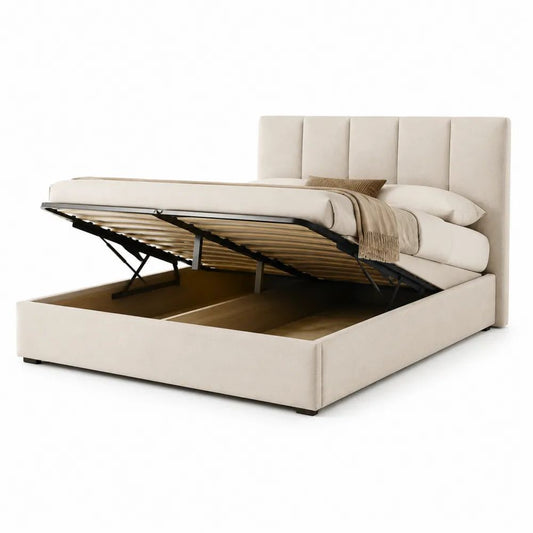 Stauraumbett 160 x 200 cm Polsterbett mit Polyesterbezug in Beige, Bettkasten und gepolstertem Kopfteil