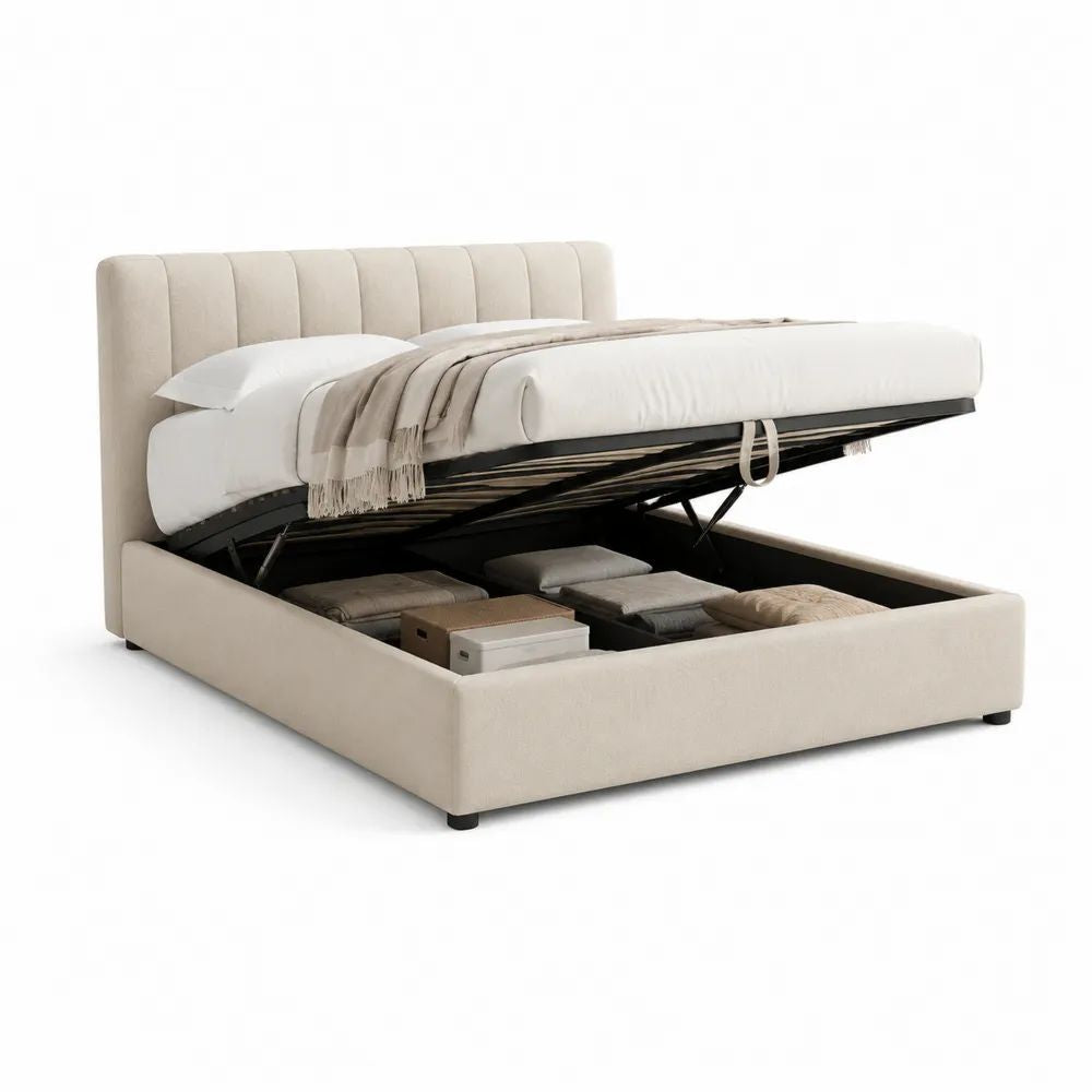 Stauraumbett 160 x 200 cm mit Bettkasten und Polyesterbezug in Beige