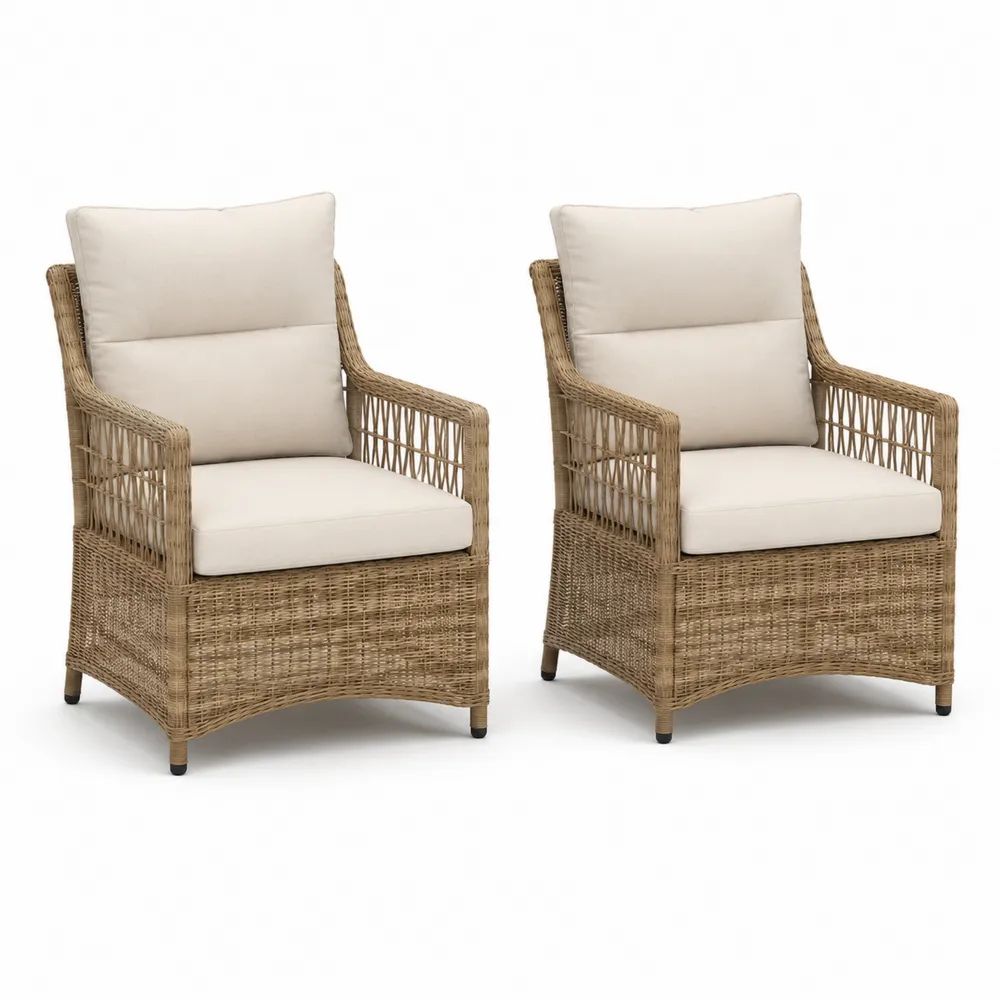 Gartenstuhl Set 2-teilig Beige Polyrattan Geflecht mit Sitzkissen und Armlehnen