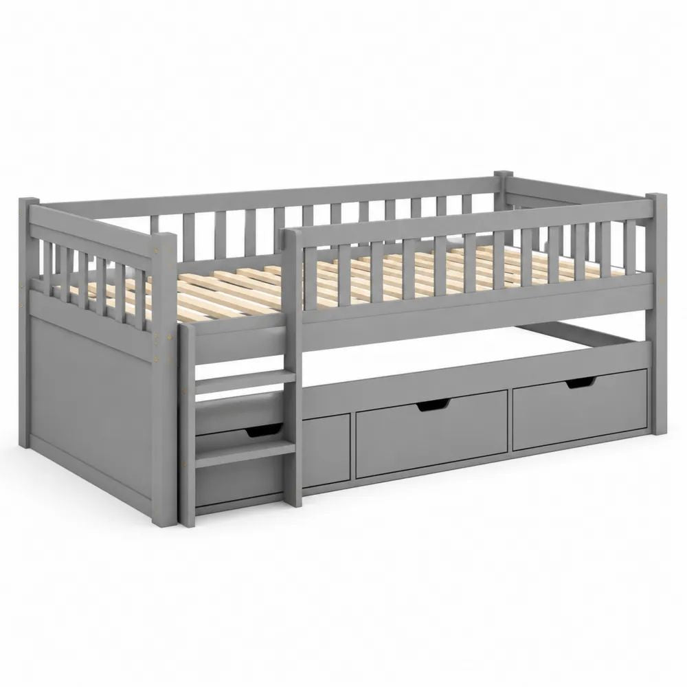 Kinderbett 90 x 200 cm Holz Grau mit Schubladen und integriertem Stauraum